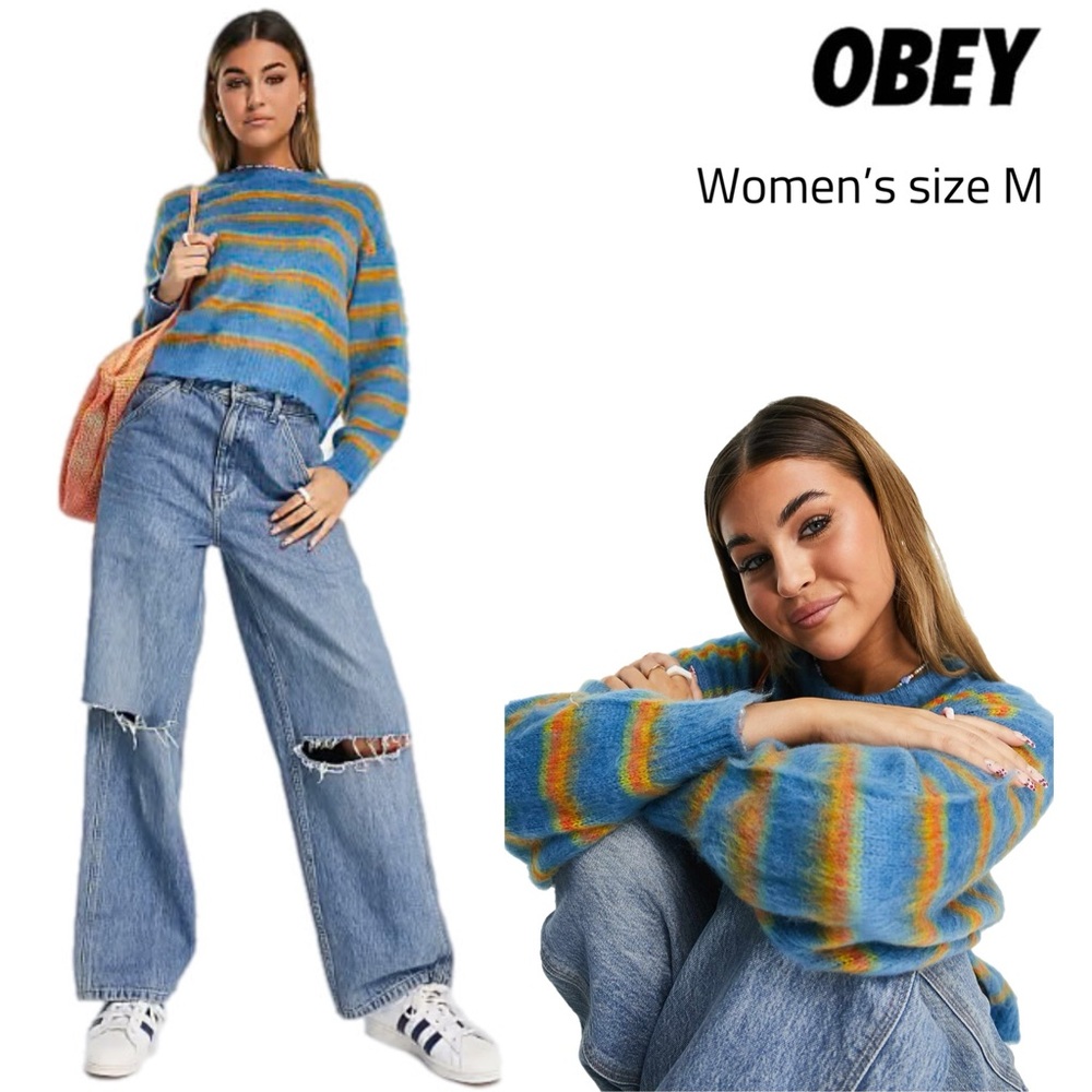 Obey relaxed boxy jumper in fluffy stripe